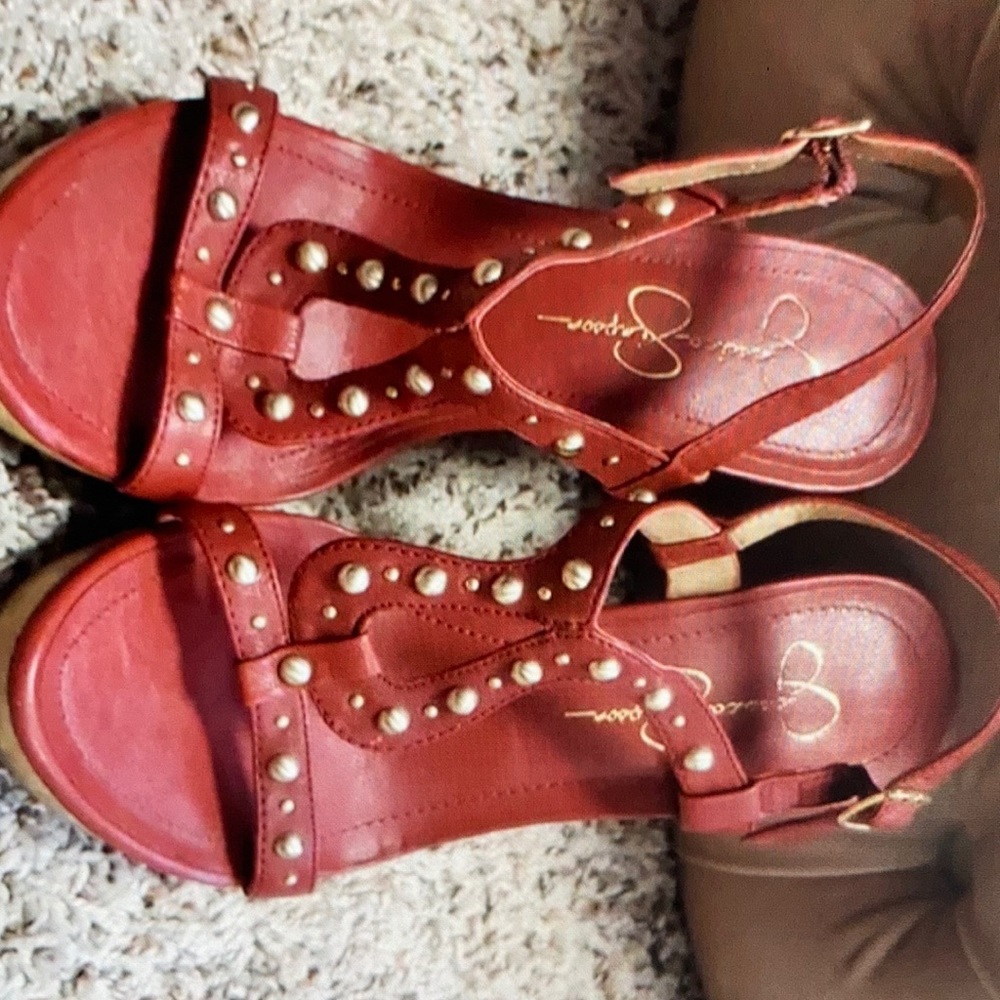 Jessica Simpson embellished gold stud brink red wedges